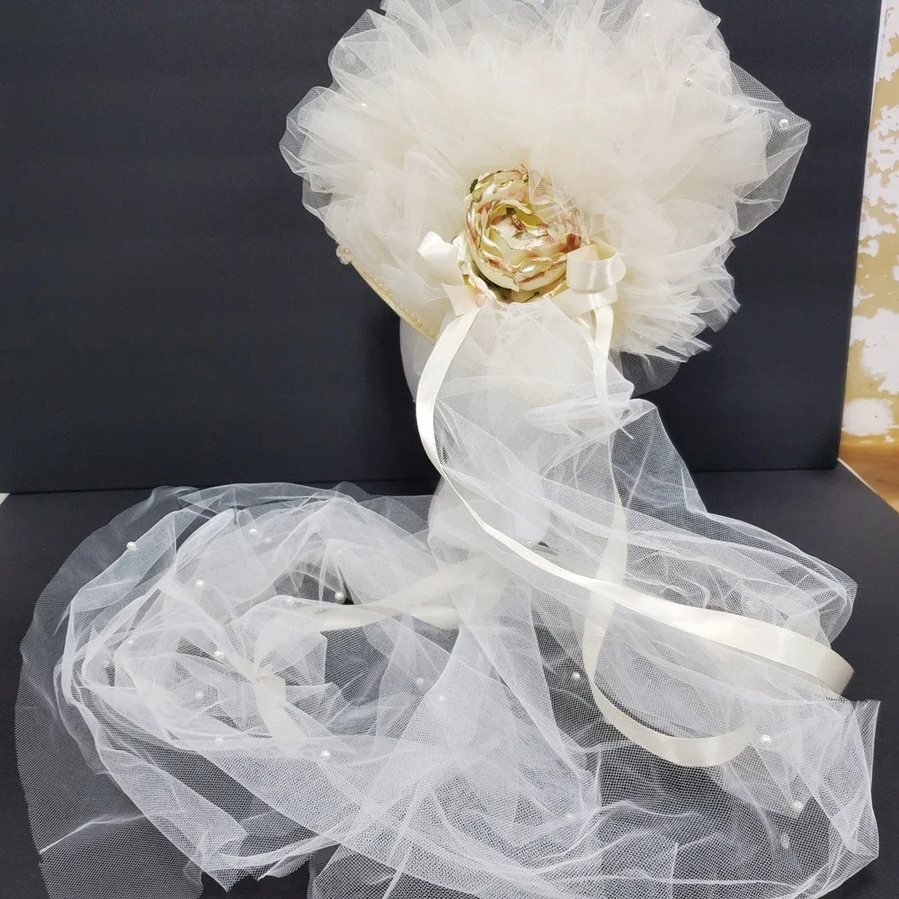 Vintage Mary Jean Bridal Veil Tulle Hat Womens Cream Lace Embellishments Feather